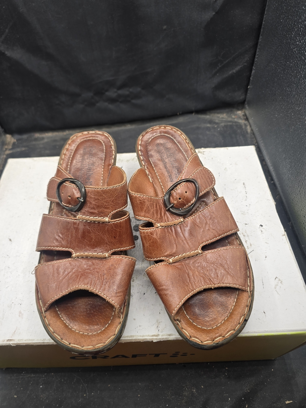Women’s Brown Leather Slide Sandals with Buckle Accent